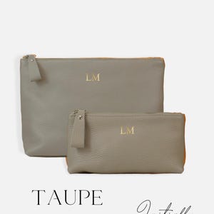 Gepersonaliseerde Italiaanse leren make-uptas: zacht leren zakje met rits, gepersonaliseerd cadeau Taupe