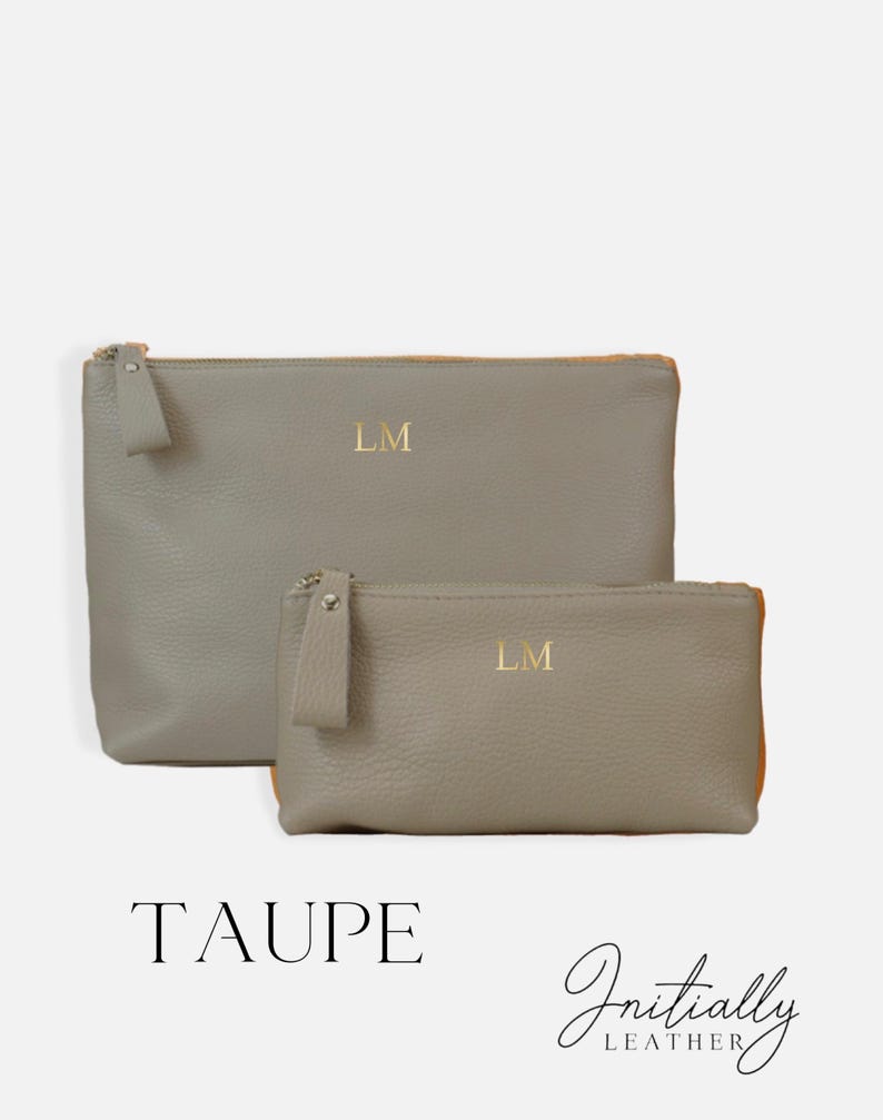 Gepersonaliseerde Italiaanse leren make-uptas: zacht leren zakje met rits, gepersonaliseerd cadeau Taupe