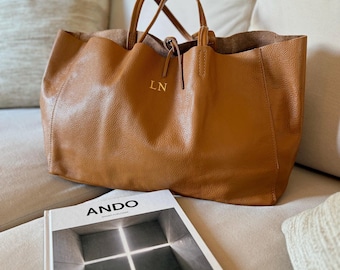 Personalised Slouchy Italian Leather Tote Bag: Large Luxury Weekend Carryall, Monogrammed Purse, Leather Handbag