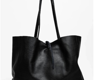 Personalised Black Italian Leather Tote Bag, Slouchy Handbag, Soft Leather Shoulder Bag
