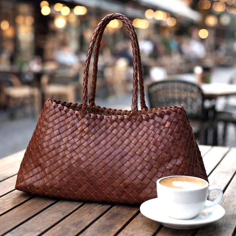 Hand Woven Leather Basket Bag, Leather Woven Tote Bag, Luxury Women’s Handbag image 1