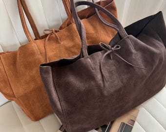 Bolso tote holgado de ante y piel italiana, bolso de mano de piel personalizado, bolso de fin de semana de piel.