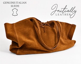 Personalized Italian Leather Suede Tote Bag, Slouchy Weekend Bag