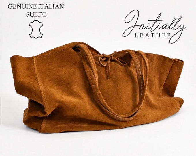 Personalized Italian Leather Suede Tote Bag, Slouchy Weekend Bag