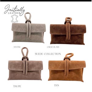 May include: Four suede Italian leather crossbody bags in stone, chocolate, taupe, and tan. Each bag has a flap closure and a knotted handle. The text "Italian Leather Crossbody", "Initially Leather", "Suede Collection", and "Add Your Initials" are displayed.