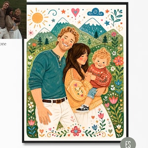 Puede incluir: Retrato familiar enmarcado, de estilo ilustrativo y colorido, que representa a una pareja y un ni&ntilde;o. La obra de arte representa un paisaje soleado con monta&ntilde;as, flores y un coraz&oacute;n. La familia sonr&iacute;e, creando una escena c&aacute;lida y acogedora.
