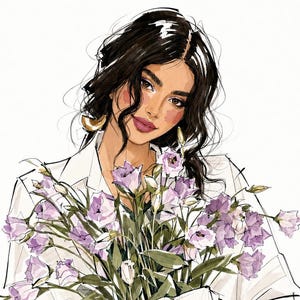 Könnte beinhalten: Eine digitale Illustration einer Person mit dunklem, welligem Haar, die ein weißes Hemd mit Kragen und goldene Creolen trägt und einen großen Strauß hellvioletter, glockenförmiger Blumen mit grünen Stielen und Blättern vor sich hält.