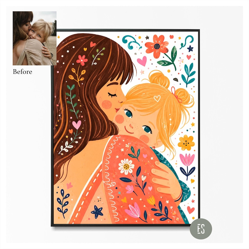 Puede incluir: Una impresi&oacute;n art&iacute;stica enmarcada que representa a una madre y su hijo abraz&aacute;ndose. La ilustraci&oacute;n muestra a una madre besando a su hijo, rodeada de motivos florales y de coraz&oacute;n. La paleta de colores incluye tonos c&aacute;lidos de naranja, rosa y marr&oacute;n.