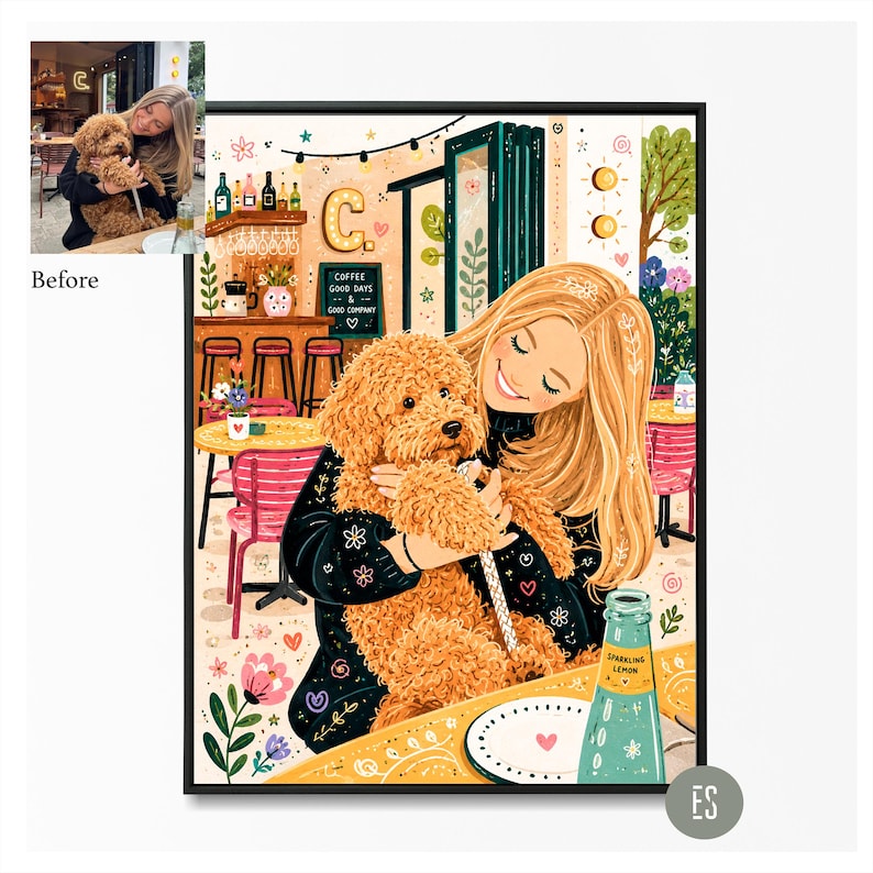 Puede incluir: Ilustraci&oacute;n enmarcada de una mujer rubia abrazando a un perro marr&oacute;n en un caf&eacute;. La obra de arte incluye una barra, mesas y el texto "COFFEE GOOD DAYS & GOOD COMPANY". Una botella de "SPARKLING LEMON" est&aacute; sobre la mesa.