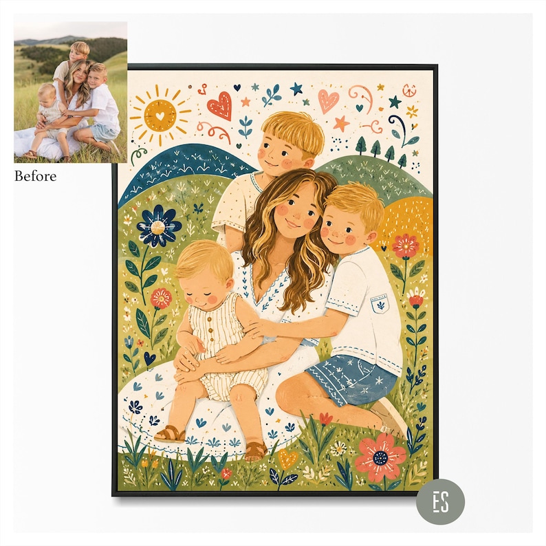 Puede incluir: Ilustraci&oacute;n enmarcada que representa a una madre y tres hijos en un estilo colorido y caprichoso. La obra de arte presenta un cielo soleado, colinas verdes onduladas y un campo de flores. La familia se abraza, creando una escena conmovedora.