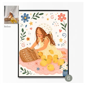 Puede incluir: Impresi&oacute;n art&iacute;stica enmarcada que representa a una ni&ntilde;a con un vestido amarillo y pa&ntilde;uelo, rodeada de limones y elementos florales. La ni&ntilde;a est&aacute; vaciando una cesta de mimbre. La obra tiene una paleta de colores pastel y un marco negro.