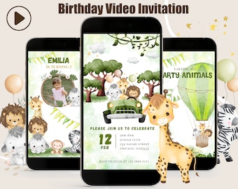 Safari verjaardagsuitnodiging, Safari verjaardag video uitnodiging, Wild One 1e verjaardag uitnodigen video jungle dieren uitnodigingen Safari Party