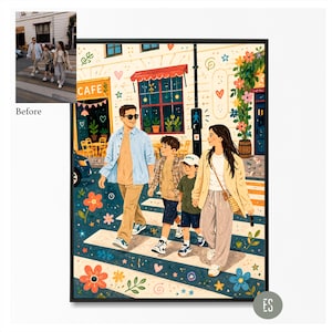 Puede incluir: Una impresi&oacute;n art&iacute;stica enmarcada representa a una familia cruzando un paso de cebra en una ciudad. La ilustraci&oacute;n presenta a un padre, una madre y dos ni&ntilde;os, con un caf&eacute; y decoraciones florales. La paleta de colores incluye azules, amarillos y verdes, creando una escena alegre.