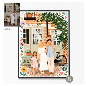 Puede incluir: Ilustraci&oacute;n enmarcada que representa a una familia de cinco miembros frente a un edificio de ladrillo con una bicicleta. La obra de arte presenta a una mujer con un vestido blanco, un hombre con una camisa azul y dos ni&ntilde;os. La ilustraci&oacute;n est&aacute; rodeada de detalles florales y vegetales coloridos.