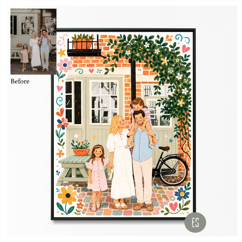 Puede incluir: Ilustraci&oacute;n enmarcada que representa a una familia de cinco miembros frente a un edificio de ladrillo con una bicicleta. La obra de arte presenta a una mujer con un vestido blanco, un hombre con una camisa azul y dos ni&ntilde;os. La ilustraci&oacute;n est&aacute; rodeada de detalles florales y vegetales coloridos.