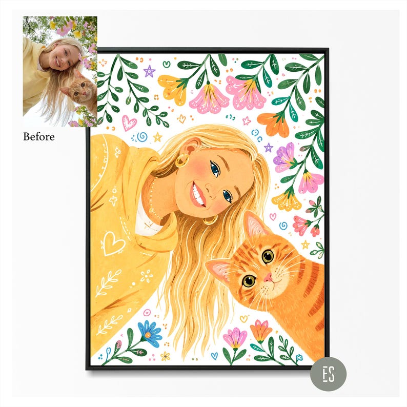 Puede incluir: Ilustraci&oacute;n enmarcada de una mujer rubia sonriente con una sudadera con capucha amarilla con un gato atigrado naranja. La obra de arte est&aacute; rodeada de flores y follaje coloridos. La palabra "Before" est&aacute; en la esquina superior izquierda.