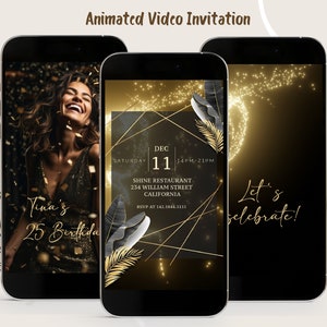 Birthday Video Invitation Black and Gold Birthday Invite Party Invitation Video Animated Invitation with photo