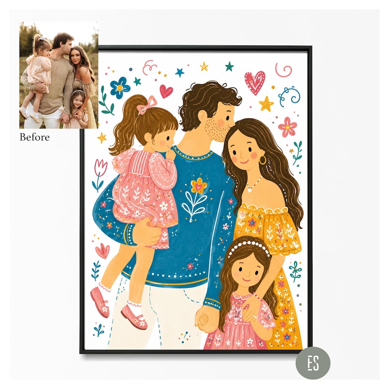 Puede incluir: Ilustraci&oacute;n de un retrato familiar enmarcado. La obra representa a una familia de cuatro miembros, con un padre sosteniendo a una hija, una madre y otra hija. La ilustraci&oacute;n est&aacute; adornada con motivos florales y de coraz&oacute;n, con una imagen de "Antes" en la esquina superior izquierda.