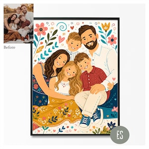 Puede incluir: Ilustraci&oacute;n de un retrato familiar enmarcado que representa a una familia de cinco, rodeada de dise&ntilde;os florales y de hojas. La obra de arte representa a una madre, un padre y tres ni&ntilde;os sonriendo. La paleta de colores incluye amarillo, azul y rojo.