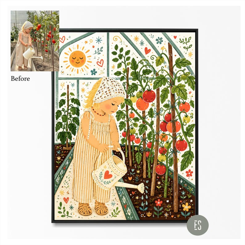 Puede incluir: Ilustraci&oacute;n enmarcada de una ni&ntilde;a regando plantas de tomate en un invernadero. La ni&ntilde;a lleva un vestido a rayas y un gorro de ganchillo. La obra presenta un sol, corazones y flores, con un enfoque en los tomates rojos maduros.