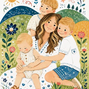Anpassat familjeporträtt från fotoillustration | Personlig digital teckning | Tecknat porträtt | Minnesgåva för mamma på födelsedagen