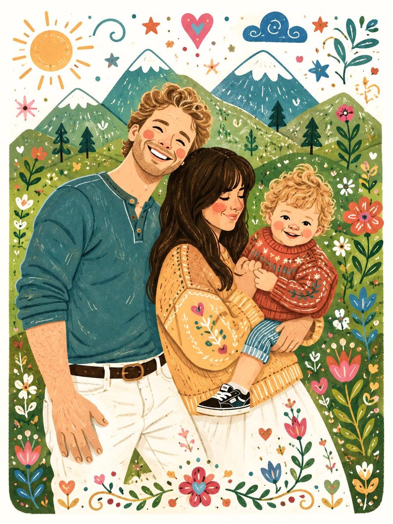 Puede incluir: Ilustraci&oacute;n colorida de una familia de tres sonriendo en un campo de flores. Los padres llevan una camisa azul y un su&eacute;ter amarillo, y el ni&ntilde;o lleva un su&eacute;ter rojo. Monta&ntilde;as y un sol est&aacute;n en el fondo.