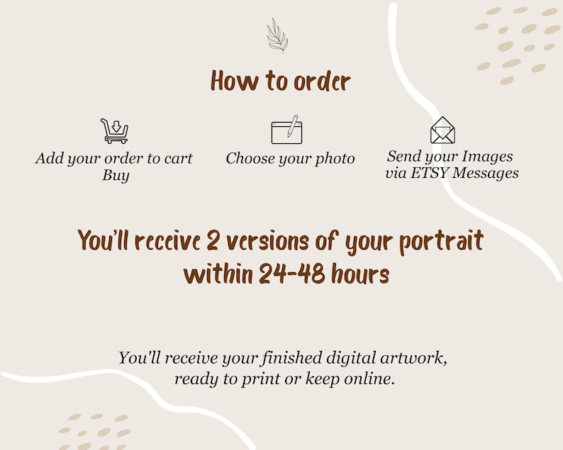 Puede incluir: Gr&aacute;fico beige con texto que dice "C&oacute;mo ordenar". Las instrucciones incluyen agregar al carrito, elegir una foto y enviar im&aacute;genes a trav&eacute;s de mensajes de Etsy. El texto tambi&eacute;n indica que recibir&aacute; dos versiones de su retrato en 24-48 horas.