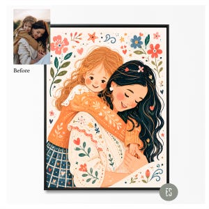 Puede incluir: Una impresi&oacute;n art&iacute;stica enmarcada que representa a una madre y su hijo abraz&aacute;ndose, rodeados de motivos florales y de corazones. La ilustraci&oacute;n tiene una paleta de colores c&aacute;lidos con acentos naranjas, azules y blancos. El estilo es suave y caprichoso.