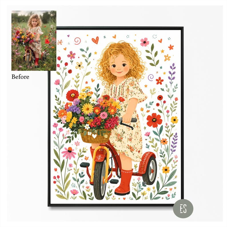 Puede incluir: Ilustraci&oacute;n enmarcada de una ni&ntilde;a con cabello rubio rizado, vestida con un vestido floral y botas rojas, montando un triciclo rojo con una cesta llena de flores coloridas. El fondo est&aacute; lleno de flores y vegetaci&oacute;n.