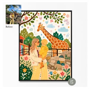 Puede incluir: Ilustraci&oacute;n enmarcada que representa a una madre sosteniendo a un ni&ntilde;o, con una jirafa al fondo. La obra de arte presenta una paleta de colores vibrantes, incluyendo amarillo, verde y naranja, con motivos florales y de coraz&oacute;n. El estilo es caprichoso e ilustrativo.
