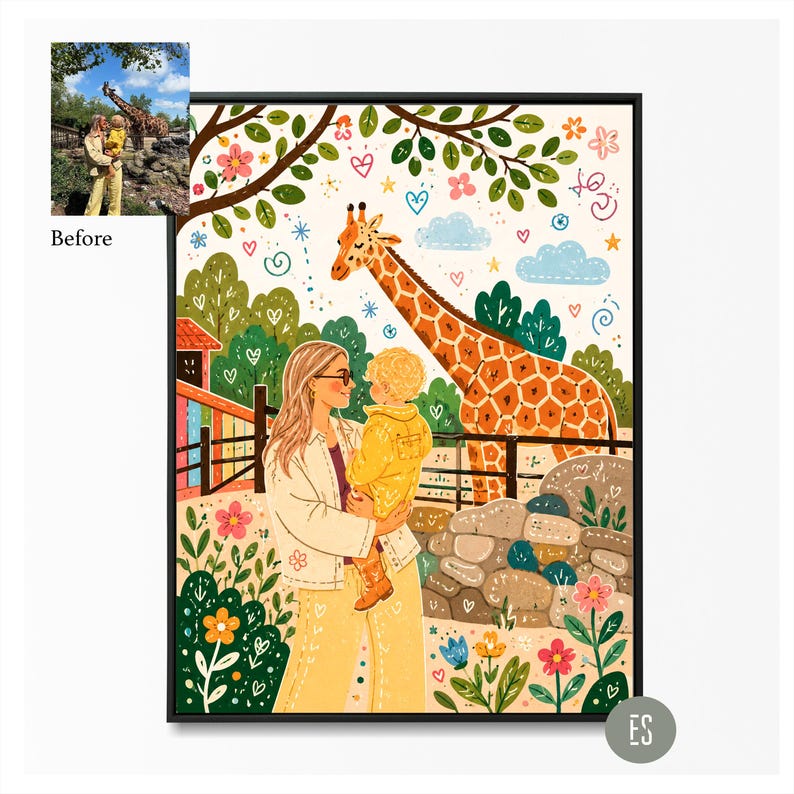 Puede incluir: Ilustraci&oacute;n enmarcada que representa a una madre sosteniendo a un ni&ntilde;o, con una jirafa al fondo. La obra de arte presenta una paleta de colores vibrantes, incluyendo amarillo, verde y naranja, con motivos florales y de coraz&oacute;n. El estilo es caprichoso e ilustrativo.