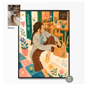 Puede incluir: Ilustraci&oacute;n de una persona sentada afuera de un caf&eacute;, con una chaqueta a cuadros, pantalones marrones y zapatos amarillos. Una bolsa tote de color canela con un dise&ntilde;o de coraz&oacute;n est&aacute; a su lado. El letrero del caf&eacute; dice "Cafe".
