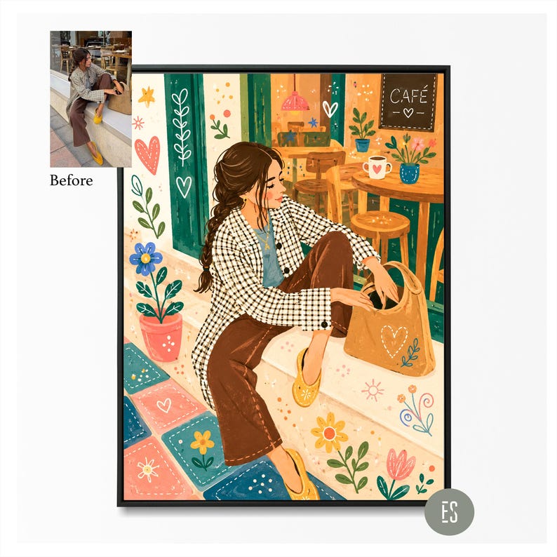 Puede incluir: Ilustraci&oacute;n de una persona sentada afuera de un caf&eacute;, con una chaqueta a cuadros, pantalones marrones y zapatos amarillos. Una bolsa tote de color canela con un dise&ntilde;o de coraz&oacute;n est&aacute; a su lado. El letrero del caf&eacute; dice "Cafe".