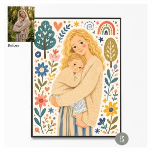 Puede incluir: Ilustraci&oacute;n enmarcada de una madre y un ni&ntilde;o, rodeados de elementos florales y de la naturaleza coloridos. La madre, con cabello rubio, abraza al ni&ntilde;o, ambos con su&eacute;teres beige. El fondo presenta un arco&iacute;ris, &aacute;rboles, flores y estrellas.