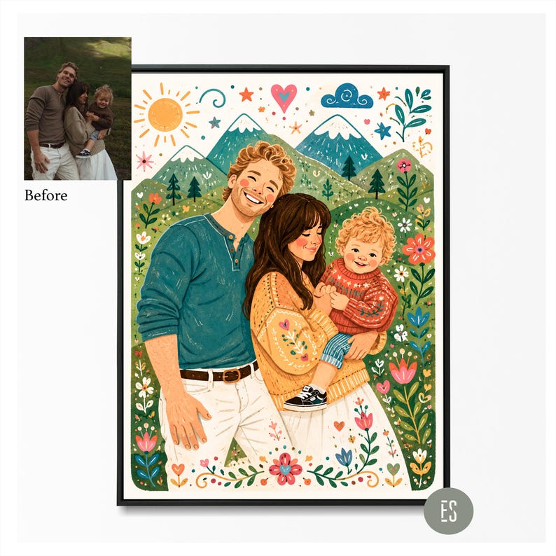 Puede incluir: Retrato familiar enmarcado, de estilo ilustrativo y colorido, que representa a una pareja y un ni&ntilde;o. La obra de arte representa un paisaje soleado con monta&ntilde;as, flores y un coraz&oacute;n. La familia sonr&iacute;e, creando una escena c&aacute;lida y acogedora.