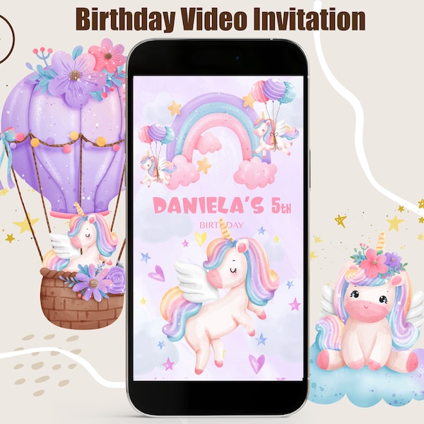 Unicorn Birthday Invitation, Unicorn Video Invitation, Unicorn Girl Invite, Rainbow Unicorn Party Invitation, Unicorn Invitation with photo