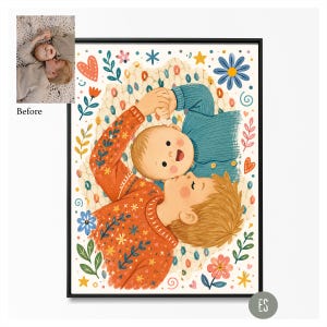 Puede incluir: Una impresi&oacute;n art&iacute;stica enmarcada que presenta una ilustraci&oacute;n de dos ni&ntilde;os acostados, tomados de la mano y sonriendo. El ni&ntilde;o de abajo lleva un su&eacute;ter naranja con estampados florales. El ni&ntilde;o de arriba lleva un su&eacute;ter azul. El fondo est&aacute; decorado con flores y estrellas.