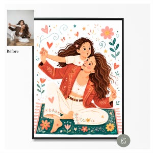 Puede incluir: Ilustraci&oacute;n enmarcada que representa a una madre y a un ni&ntilde;o abraz&aacute;ndose, rodeados de corazones y flores. La madre lleva una chaqueta roja y pantalones blancos con detalles de coraz&oacute;n. El ni&ntilde;o lleva una camiseta blanca. La obra est&aacute; sobre una alfombra decorativa.
