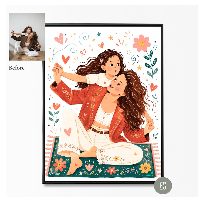 Puede incluir: Ilustraci&oacute;n enmarcada que representa a una madre y a un ni&ntilde;o abraz&aacute;ndose, rodeados de corazones y flores. La madre lleva una chaqueta roja y pantalones blancos con detalles de coraz&oacute;n. El ni&ntilde;o lleva una camiseta blanca. La obra est&aacute; sobre una alfombra decorativa.