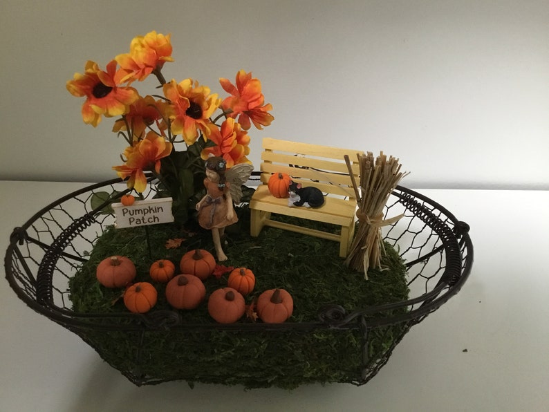 Peut inclure: Une sc&egrave;ne de jardin miniature de f&eacute;e dans un panier en fil de fer avec un petit banc en bois, une figurine de f&eacute;e, une figurine de chat noir, une pancarte indiquant "Pumpkin Patch" et plusieurs petites citrouilles orange.