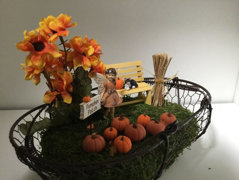 Peut inclure: Une sc&egrave;ne de jardin de f&eacute;es miniature dans un panier en fil de fer avec une f&eacute;e tenant une pancarte qui dit "Pumpkin Patch". Il y a des citrouilles miniatures, un banc jaune, un chat noir et des fleurs orange.