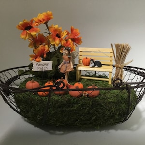May include: A miniature fairy garden scene in a wire basket. The scene includes a fairy figurine, a small wooden bench, a black cat figurine, a sign that says "Pumpkin Patch", orange pumpkins, and a bunch of dried wheat.