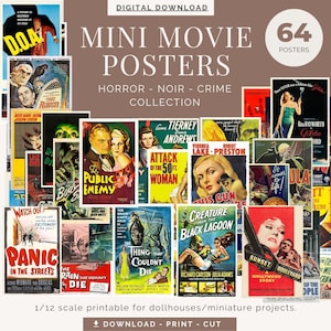 Könnte beinhalten: Eine Collage aus 64 Miniatur-Filmplakaten mit klassischen Horror-, Noir- und Kriminalfilmen. Die Poster sind im Maßstab 1:12 und zum Ausdrucken für Puppenhäuser oder Miniaturprojekte geeignet. Die Poster zeigen Titel wie "Attack of the 50 Foot Woman", "Creature from the Black Lagoon", "The Thing That Couldn't Die" und "Sunset Boulevard".