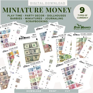 Könnte beinhalten: Ein digitaler Download mit druckbarem Miniaturgeld aus verschiedenen Ländern. Das Design umfasst neun Währungsarten, perfekt für Spielzeit, Partydekoration, Puppenhäuser, Journaling und Scrapbooking. Der Text enthält "Miniature Money" und "Digital Download".