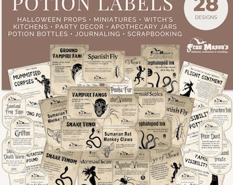 Halloween Potion Labels, Witch Apothecary, Vintage Spell Jars, Miniature Decor (Digital Download)