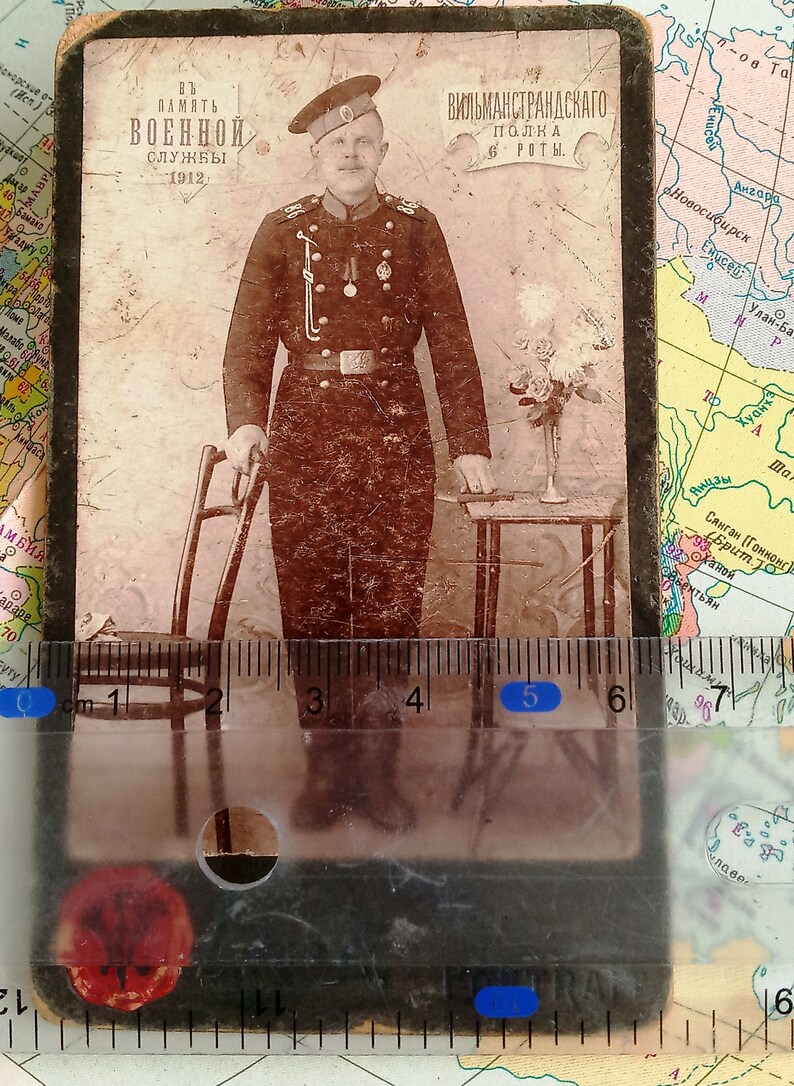 Old photo of a military soldier.Photo of military service.VILMANSTRANDSKY regiment of the 6th company.Old photo,vintage card,photo soldier.