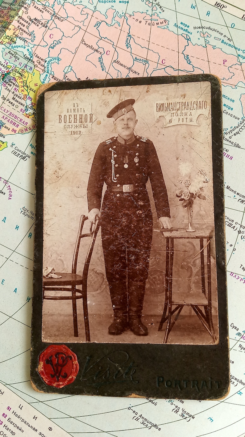 Old photo of a military soldier.Photo of military service.VILMANSTRANDSKY regiment of the 6th company.Old photo,vintage card,photo soldier.