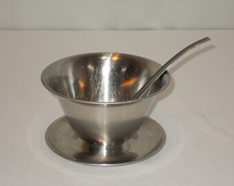 Mid Century Sauce Bowl With Attached Drip Tray And Ladle Stainless Steel