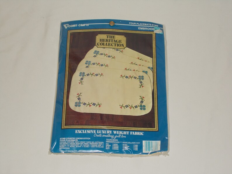 Vintage Vogart Crafts The Heritage Collection Four Placemats Embroidery Kit 8738B Country Cross Stitch NOS NEW