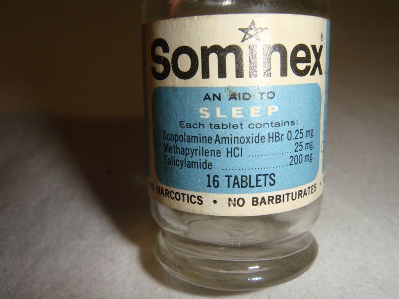Vintage Sominex Sleep Aid Glass Bottle with Full Label VERY NICE